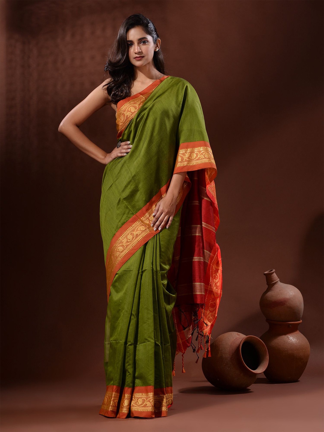 

Charukriti Zari Silk Cotton Saree, Green