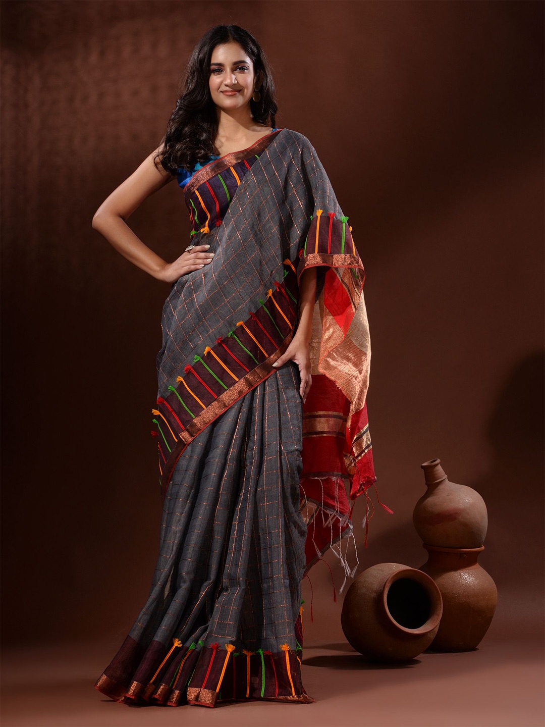 

Charukriti Warli Zari Silk Cotton Saree, Grey