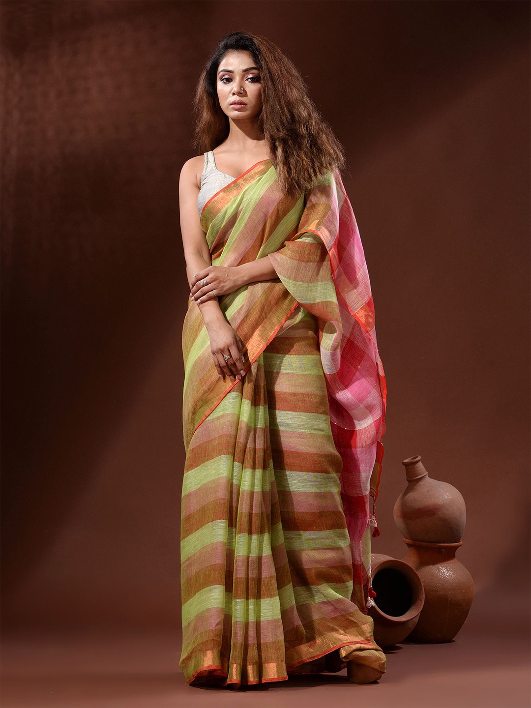 

Charukriti Striped Zari Pure Linen Saree, Grey melange