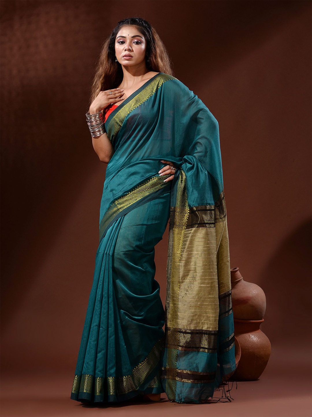 

Charukriti Zari Silk Cotton Saree, Teal
