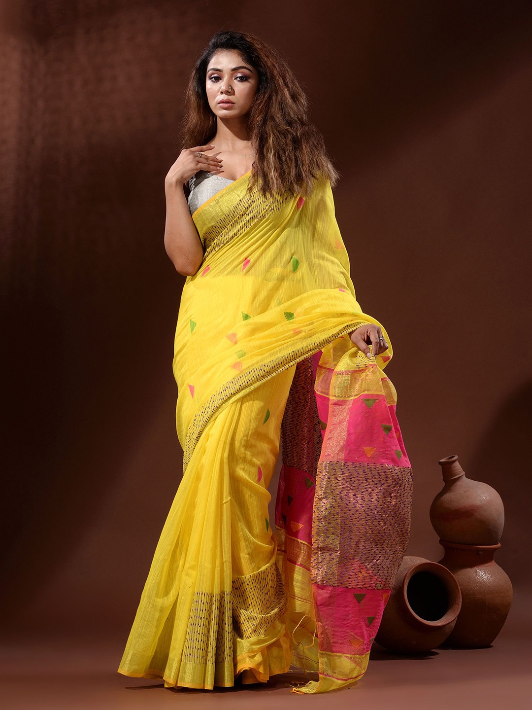 

Charukriti Woven Design Zari Silk Cotton Saree, Yellow