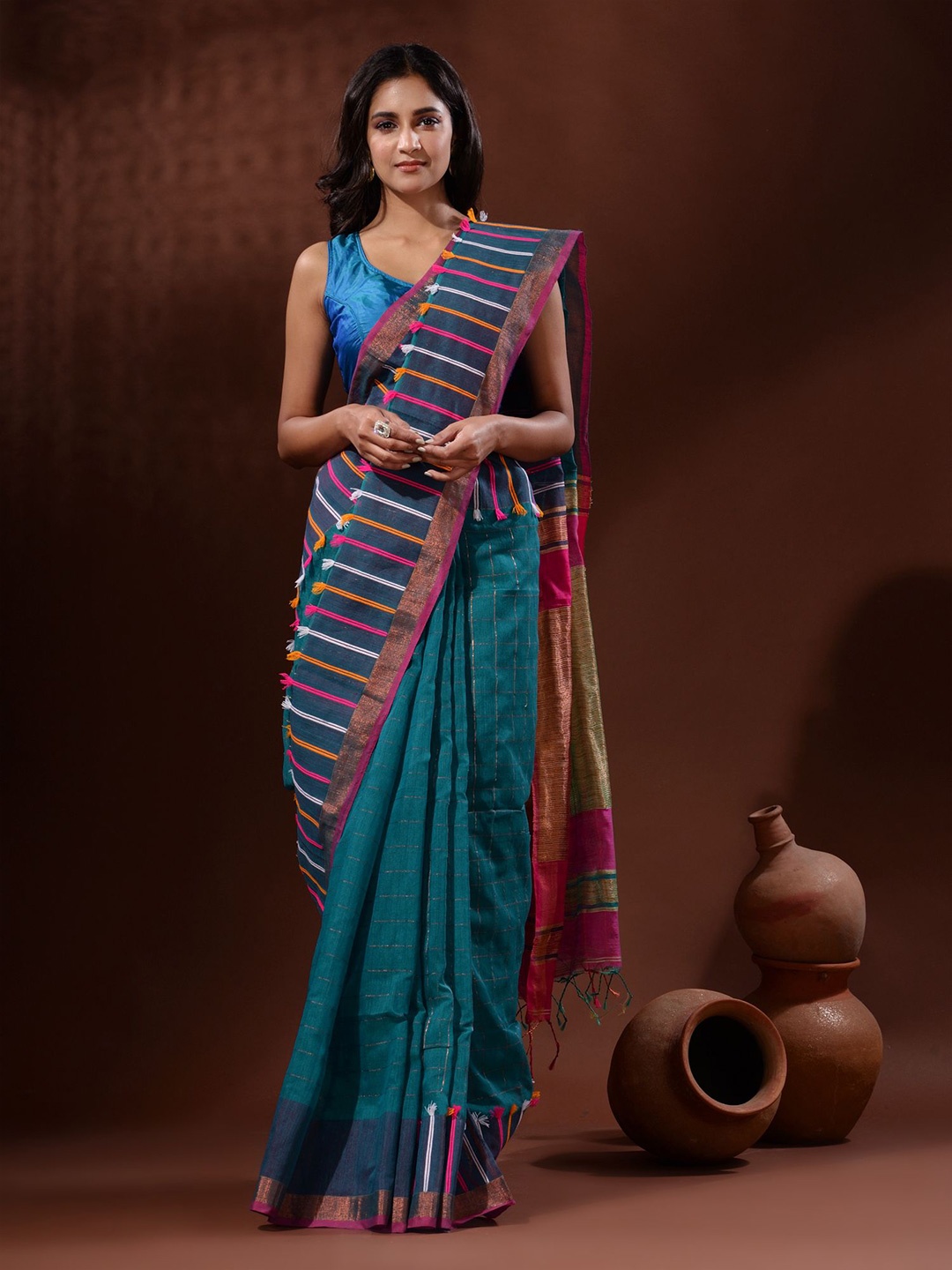 

Charukriti Checked Zari Silk Cotton Saree, Teal