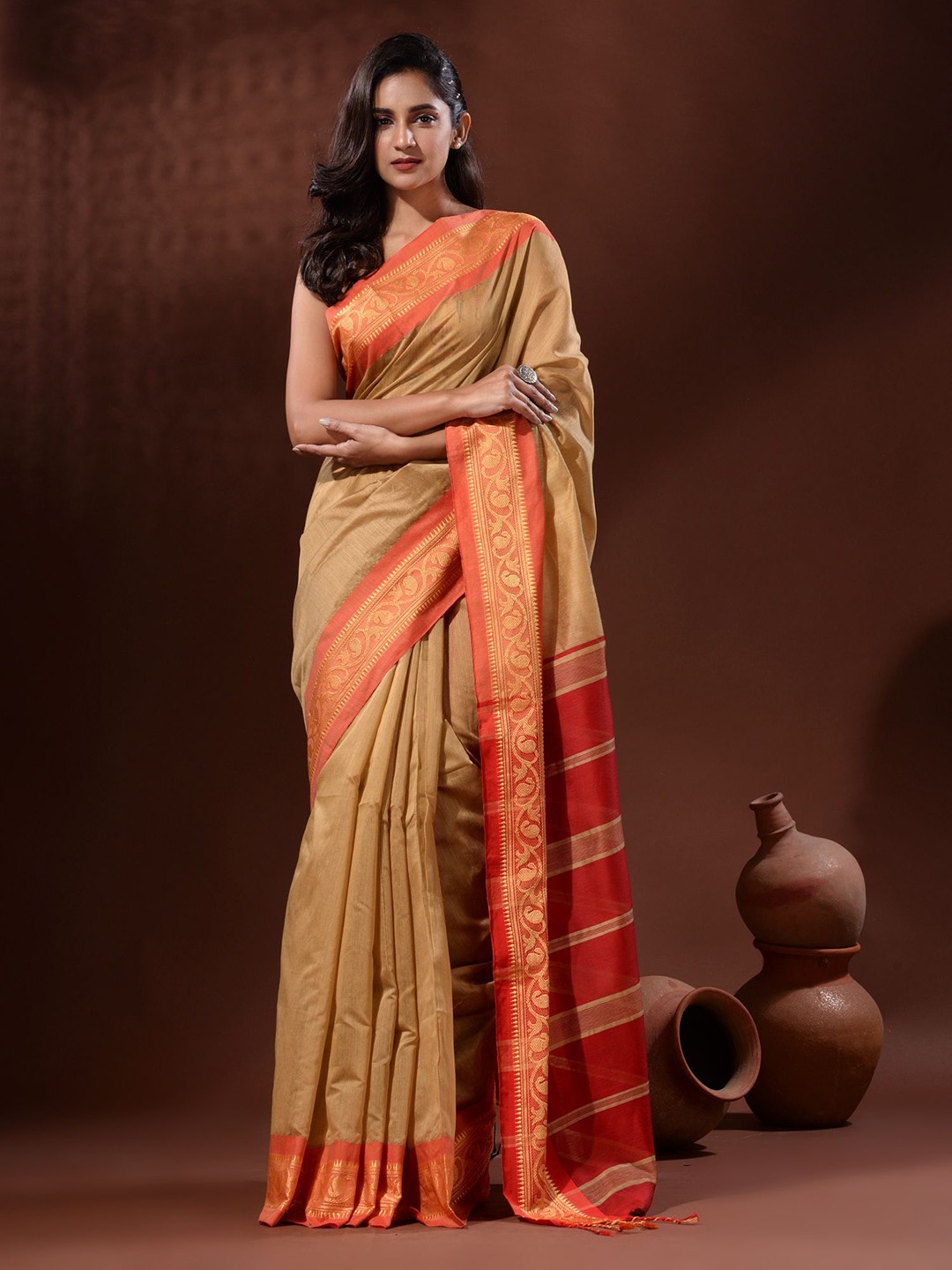 

Charukriti Zari Silk Cotton Saree, Beige