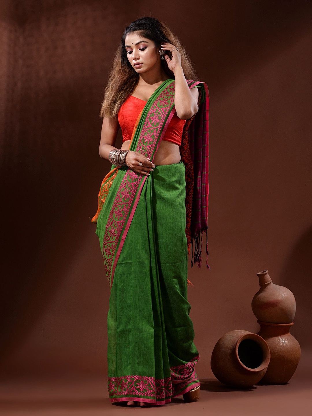 

Charukriti Pure Cotton Saree, Green