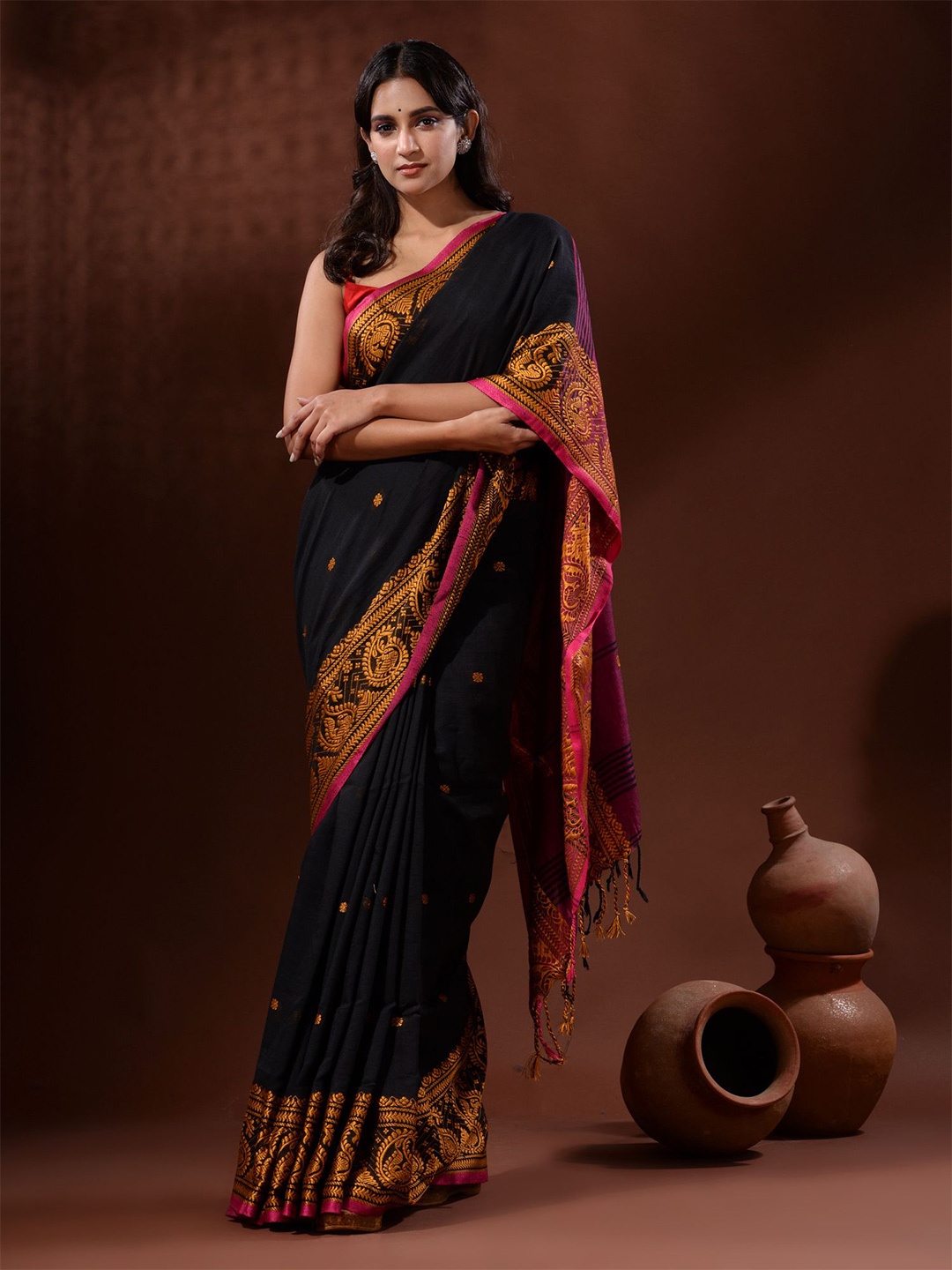 

Charukriti Warli Zari Pure Cotton Saree, Black