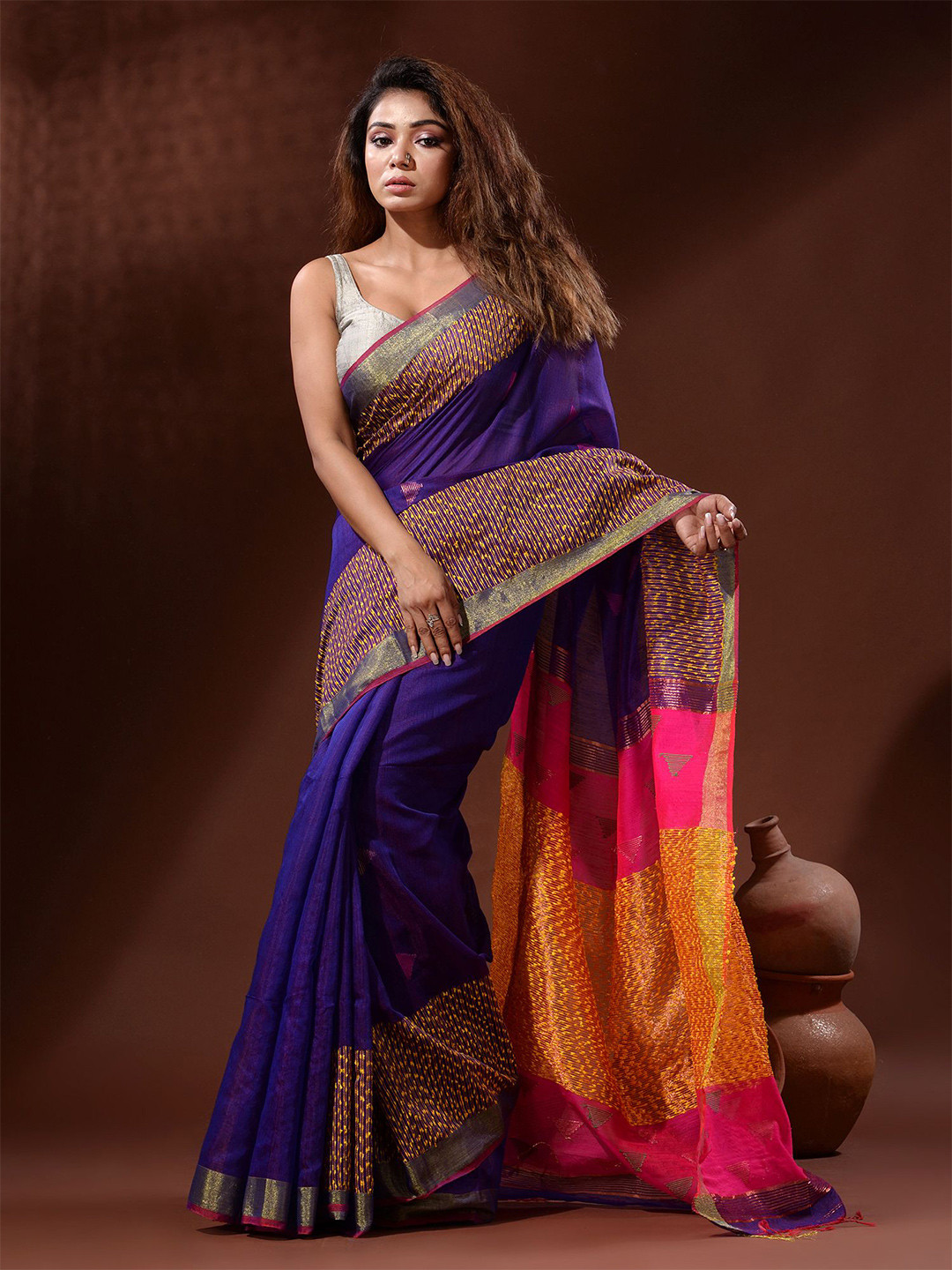 

Charukriti Striped Zari Silk Cotton Saree, Blue