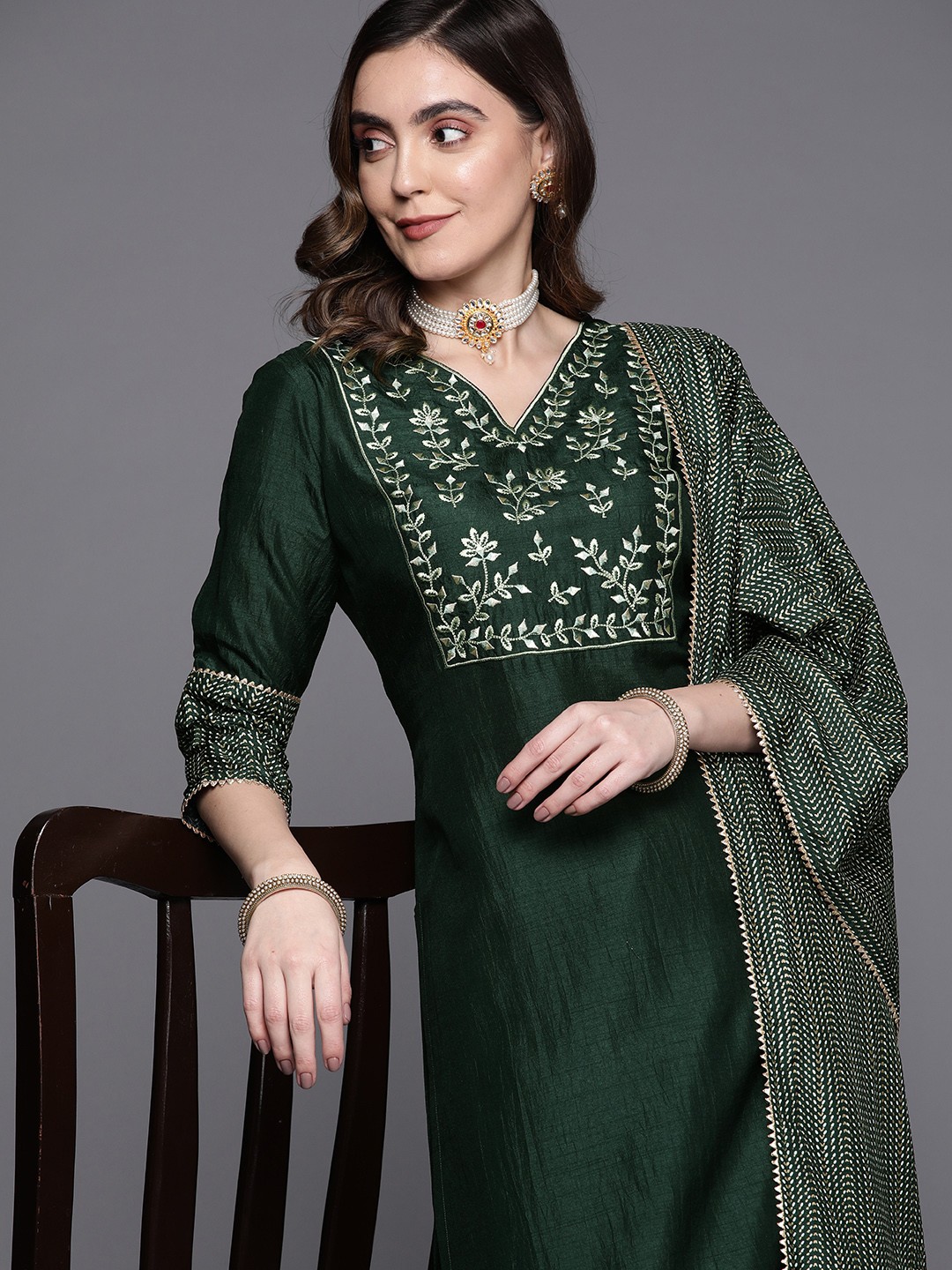 

Indo Era Ethnic Motifs Embroidered Thread Work Liva Kurta With Palazzos & With Dupatta, Green
