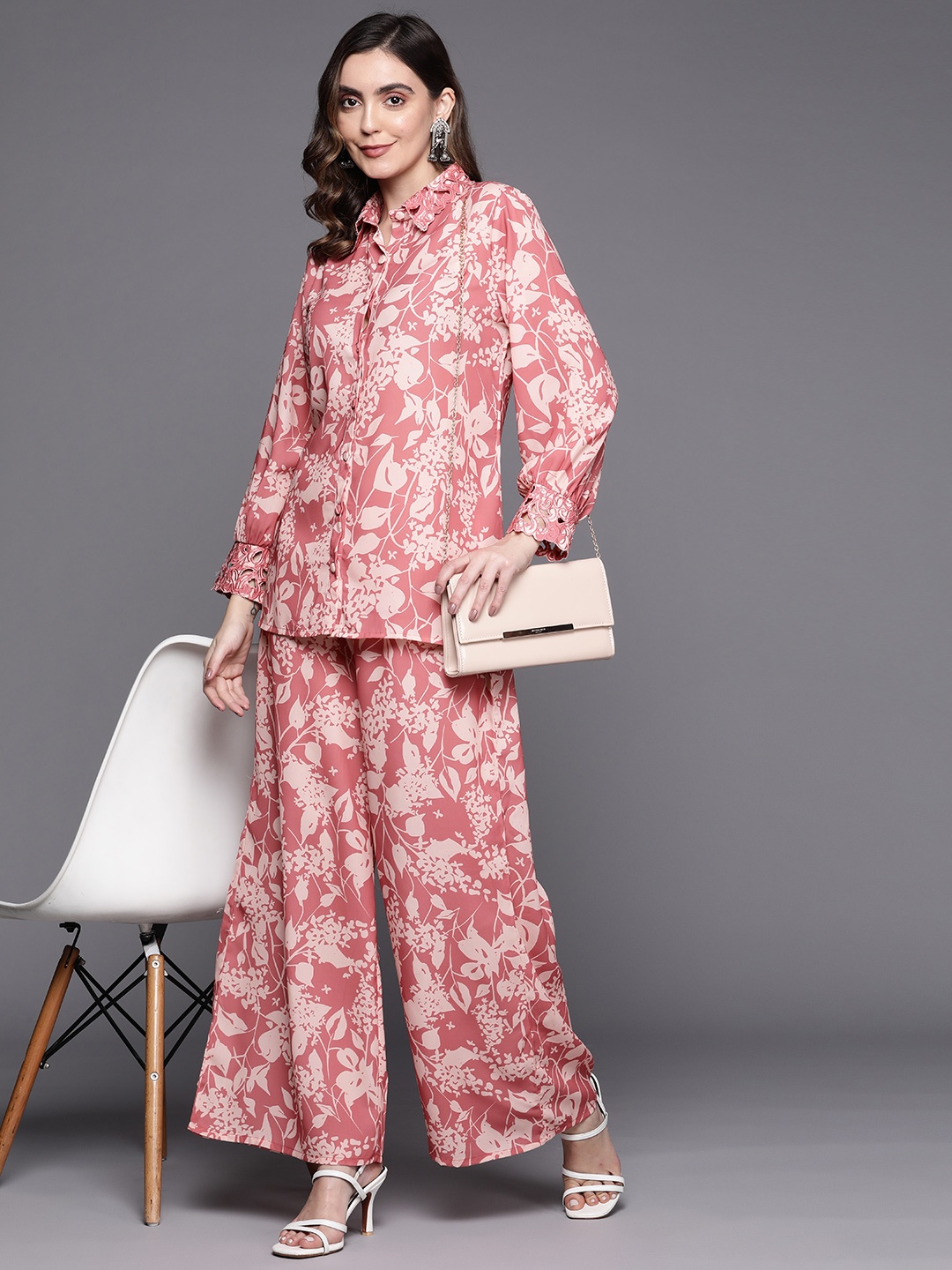 

Indo Era Shirt Collar Printed Shirt With Palazzos, Peach