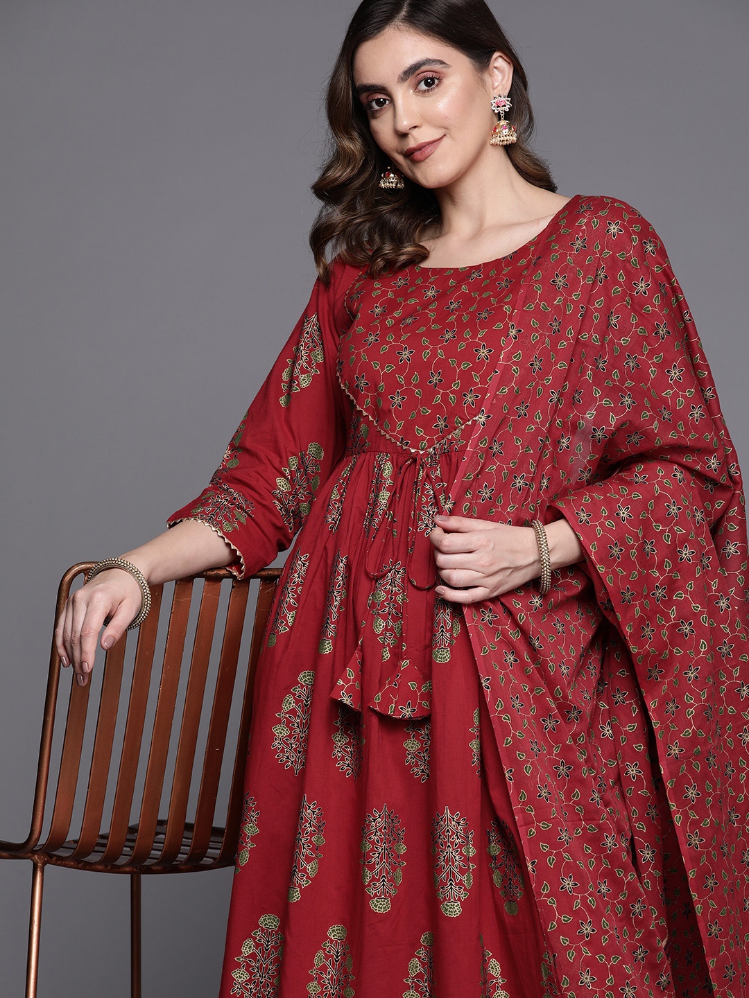 

Indo Era Ethnic Motifs Printed Anarkali Kurta with Dupatta, Maroon