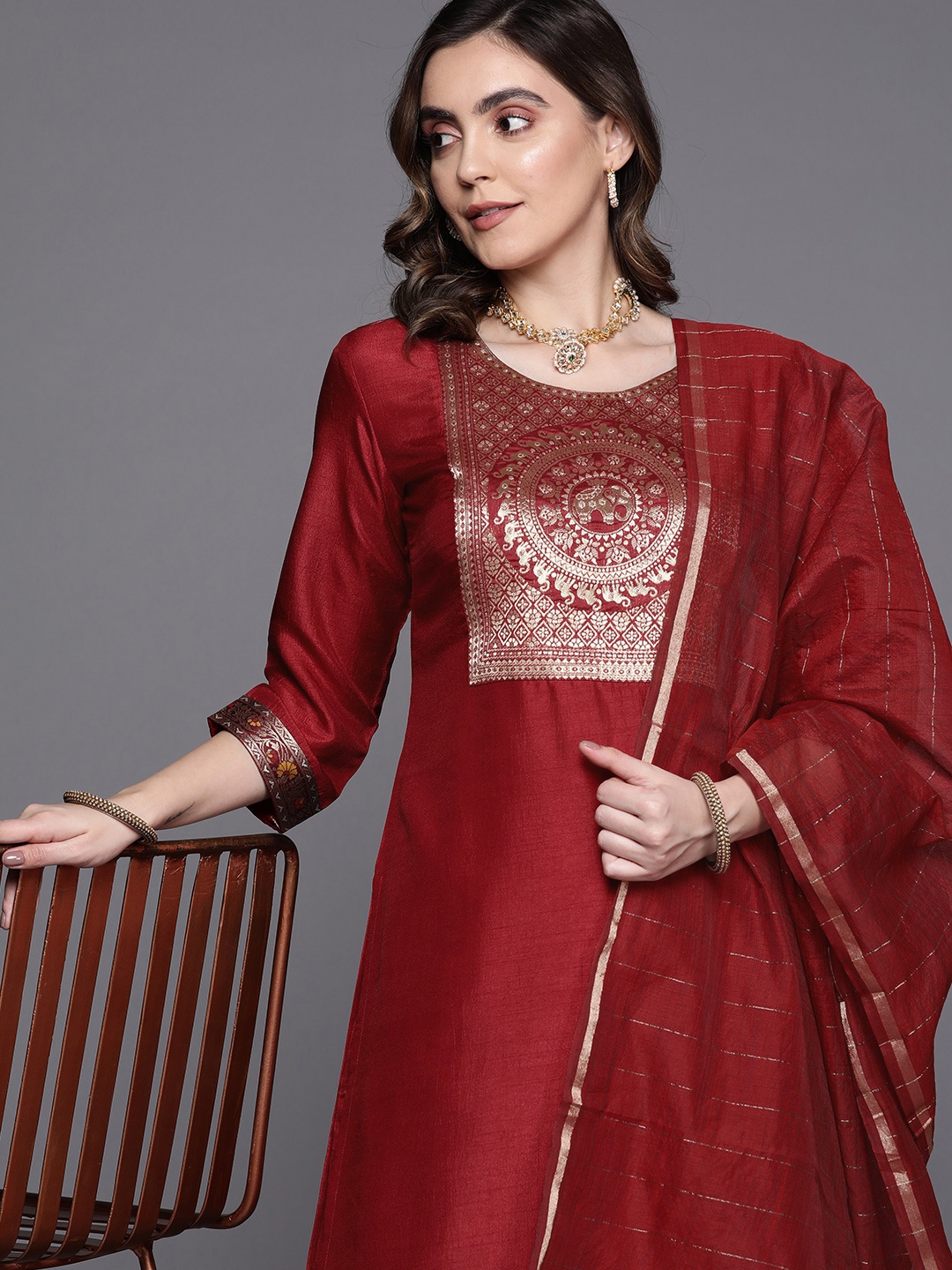

Indo Era Yoke Design Kurta with Palazzos & With Dupatta, Maroon