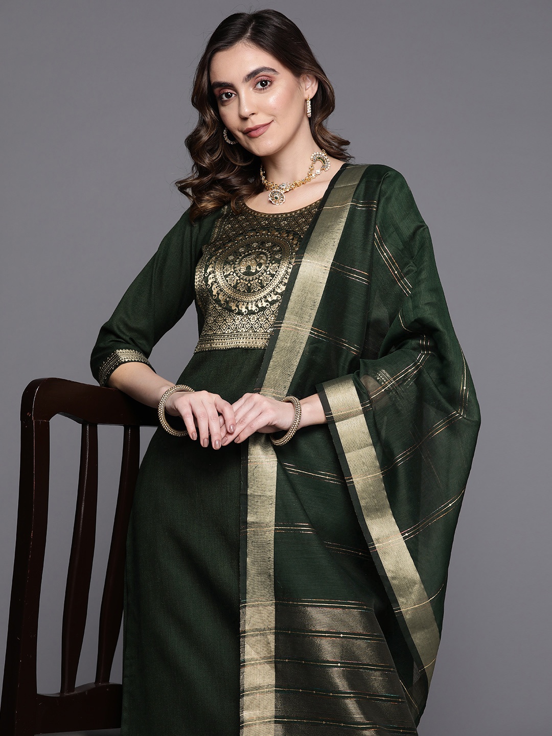 

Indo Era Yoke Design Kurta with Palazzos & With Dupatta, Green