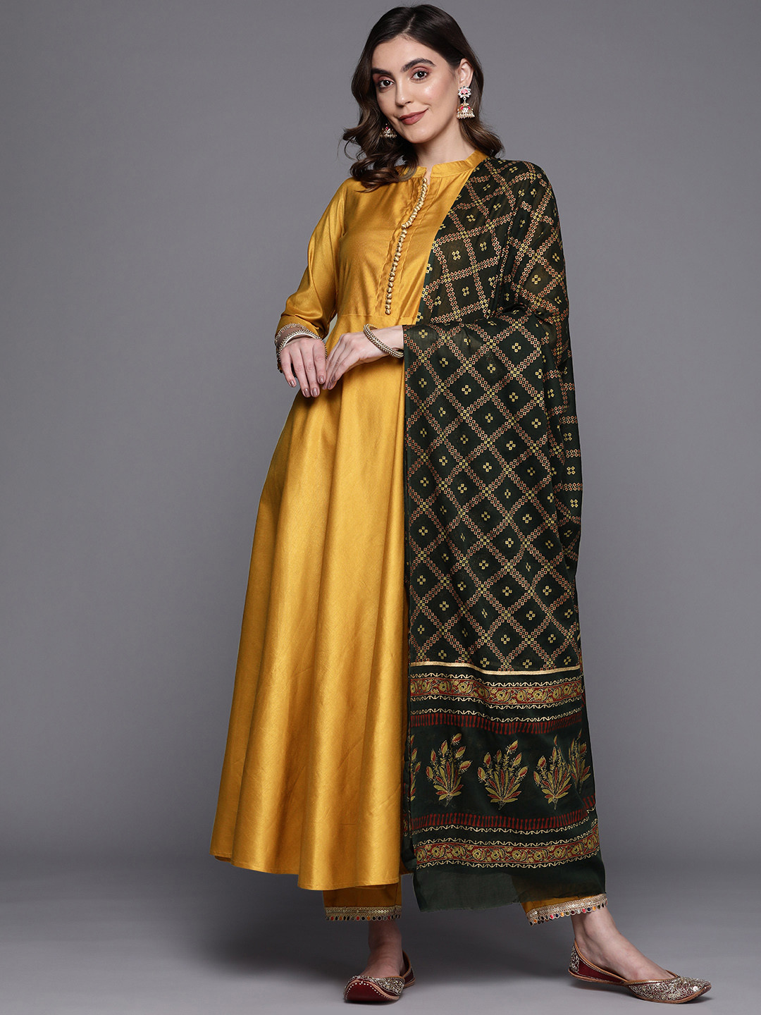 

Indo Era Empire Liva Kurta with Trousers & With Dupatta, Mustard