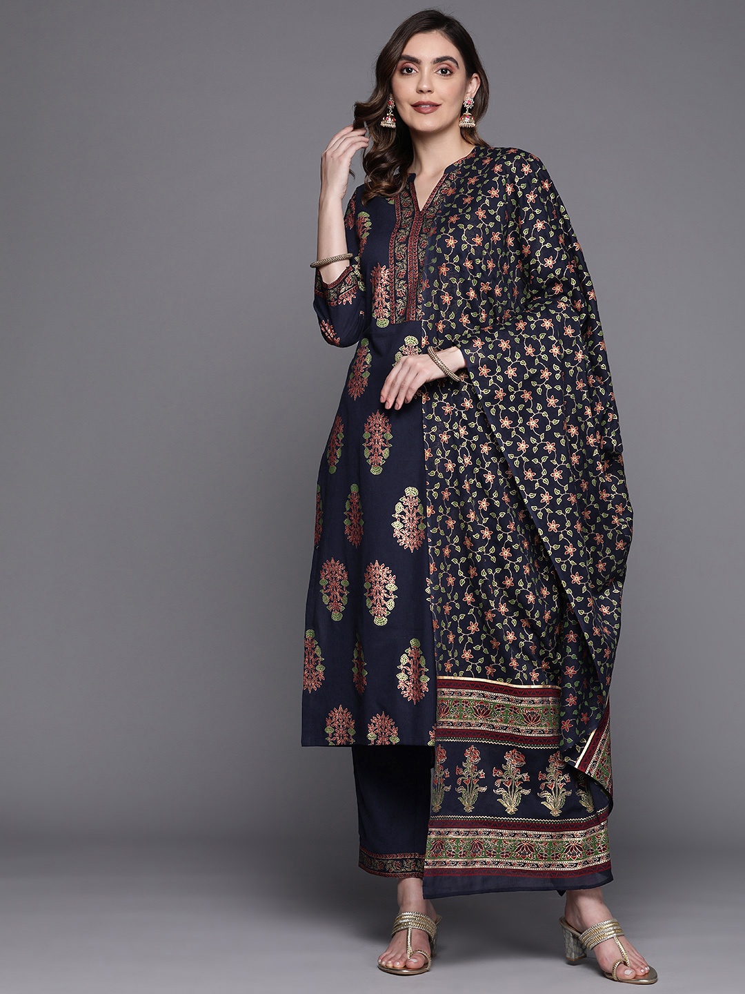

Indo Era Floral Printed Kurta with Trousers & With Dupatta, Navy blue