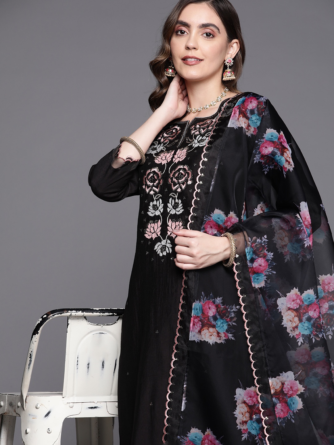 

Indo Era Floral Embroidered Thread Work Liva Kurta with Trousers & With Dupatta, Black