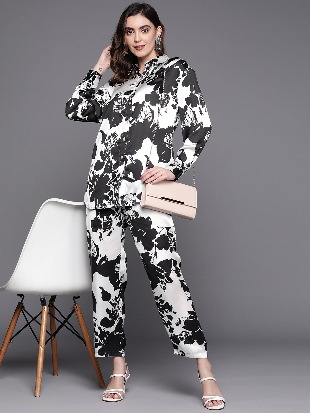 

Indo Era Shirt Collar Printed Shirt With Trousers, White