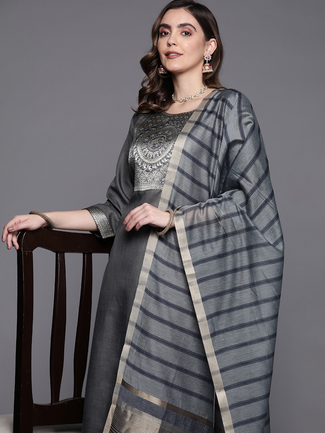 

Indo Era Yoke Design Kurta with Palazzos & With Dupatta, Grey