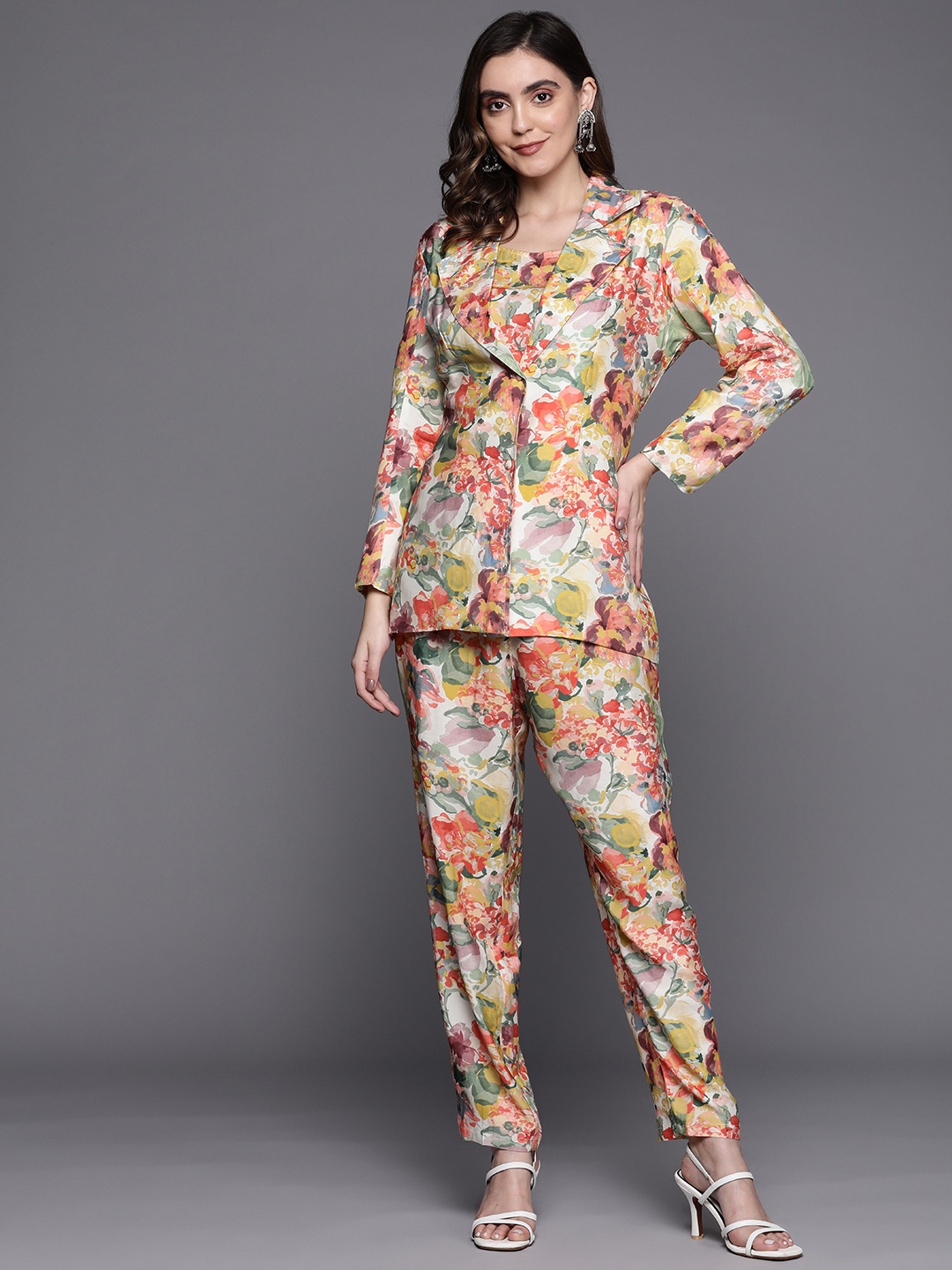 

Indo Era Printed Top With Trousers & With Jacket, Multi