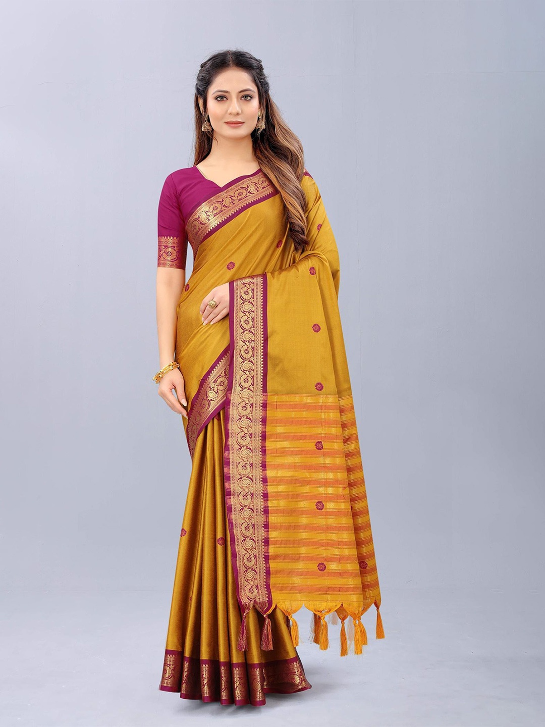 

Paramparik Textile Woven Design Zari Pure Silk Dharmavaram Saree, Mustard
