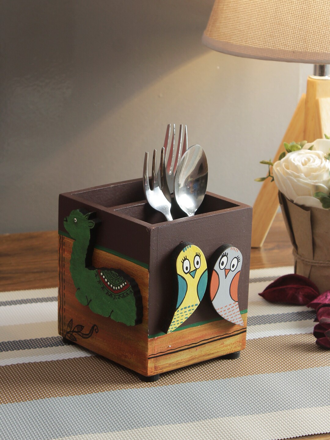 

Aapno Rajasthan Handcrafted Wooden Cutlery Holder, Brown