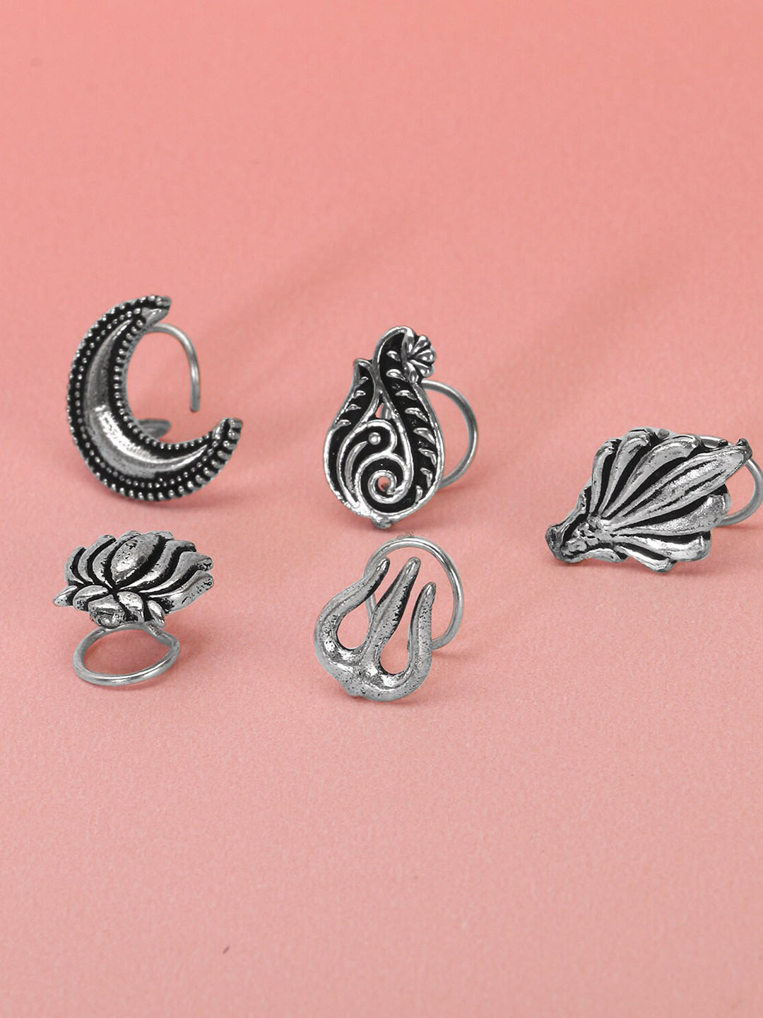 

Adwitiya Collection Set Of 5 Oxidised Silver-Plated Nosepin