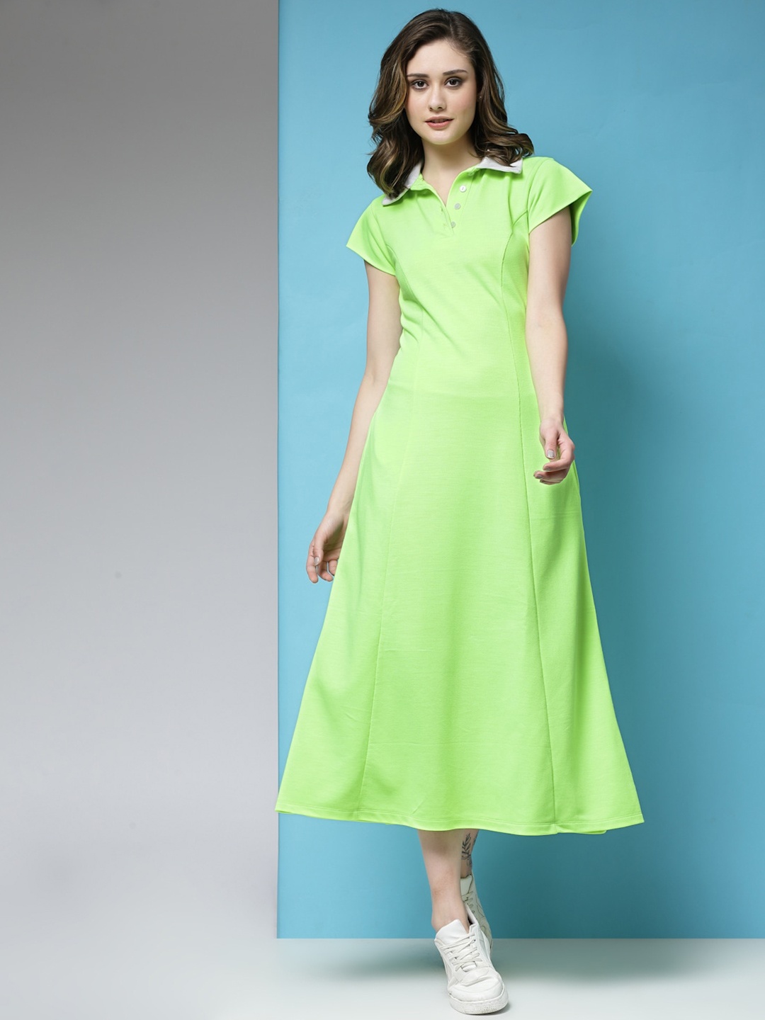 

KASSUALLY Shirt Collar A-Line Midi Dress, Green
