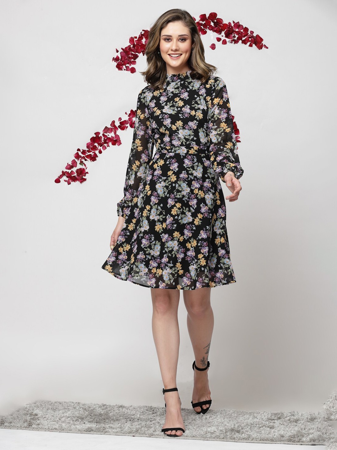 KASSUALLY Floral Fit & Flare Dress, Black