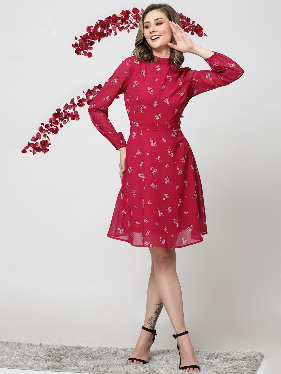 

KASSUALLY High Neck Floral Georgette Dress, Magenta