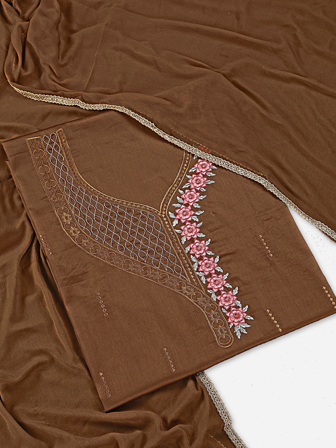 

Leelyfab Brown & Pink Embroidered Unstitched Dress Material