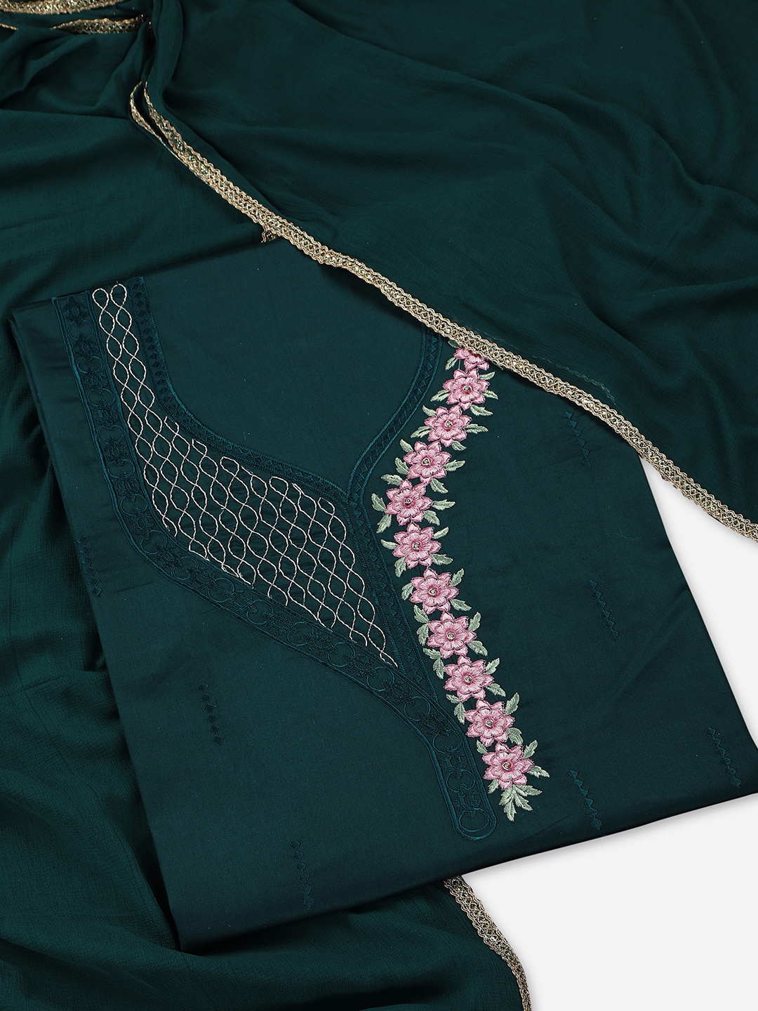 

Leelyfab Green & Pink Embroidered Unstitched Dress Material