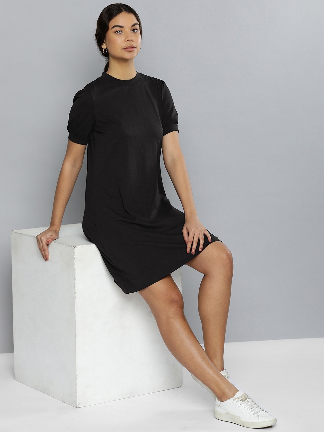 

ether Round Neck Puff Sleeves Pure Cotton T-shirt Dress, Black