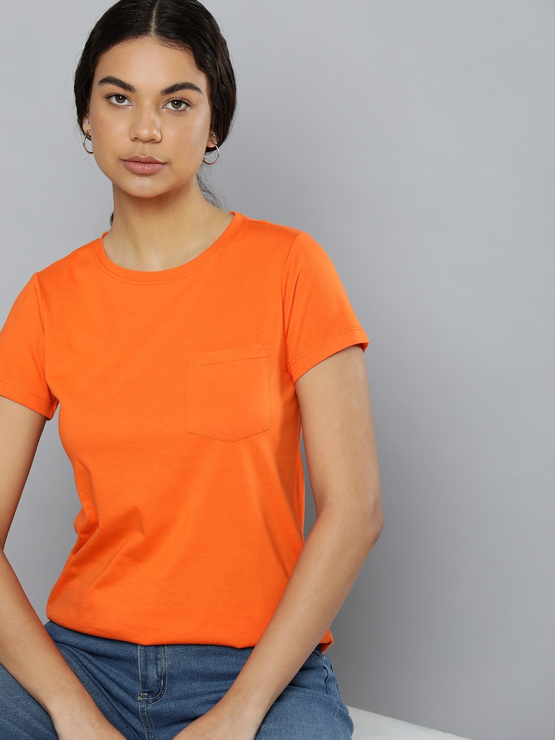 

ether Women Solid Round Neck T-shirt With Chest Pocket, Orange