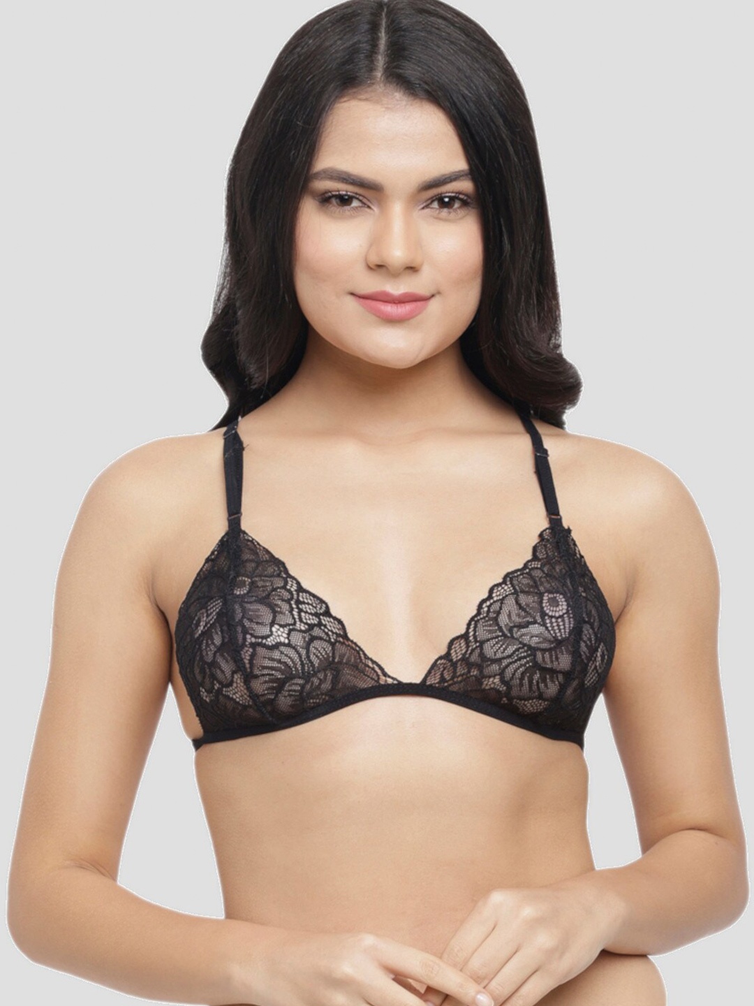 

N-Gal Floral Non-Padded Non-Wired Anti Odour Plunge Bra, Black