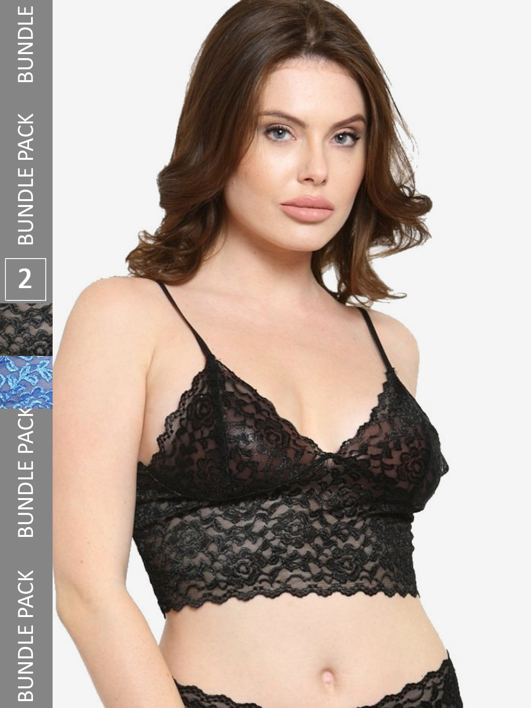 

N-Gal Pack Of 2 Floral Non Padded Lace Bralette Bra, Black