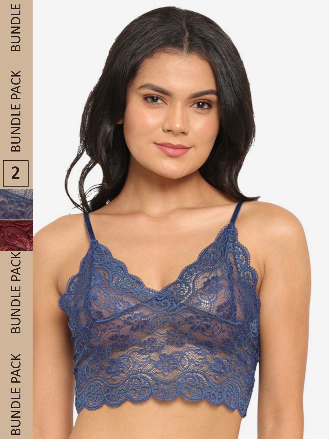 

N-Gal Pack Of 2 Floral Non Padded Lace Bralette Bra, Maroon