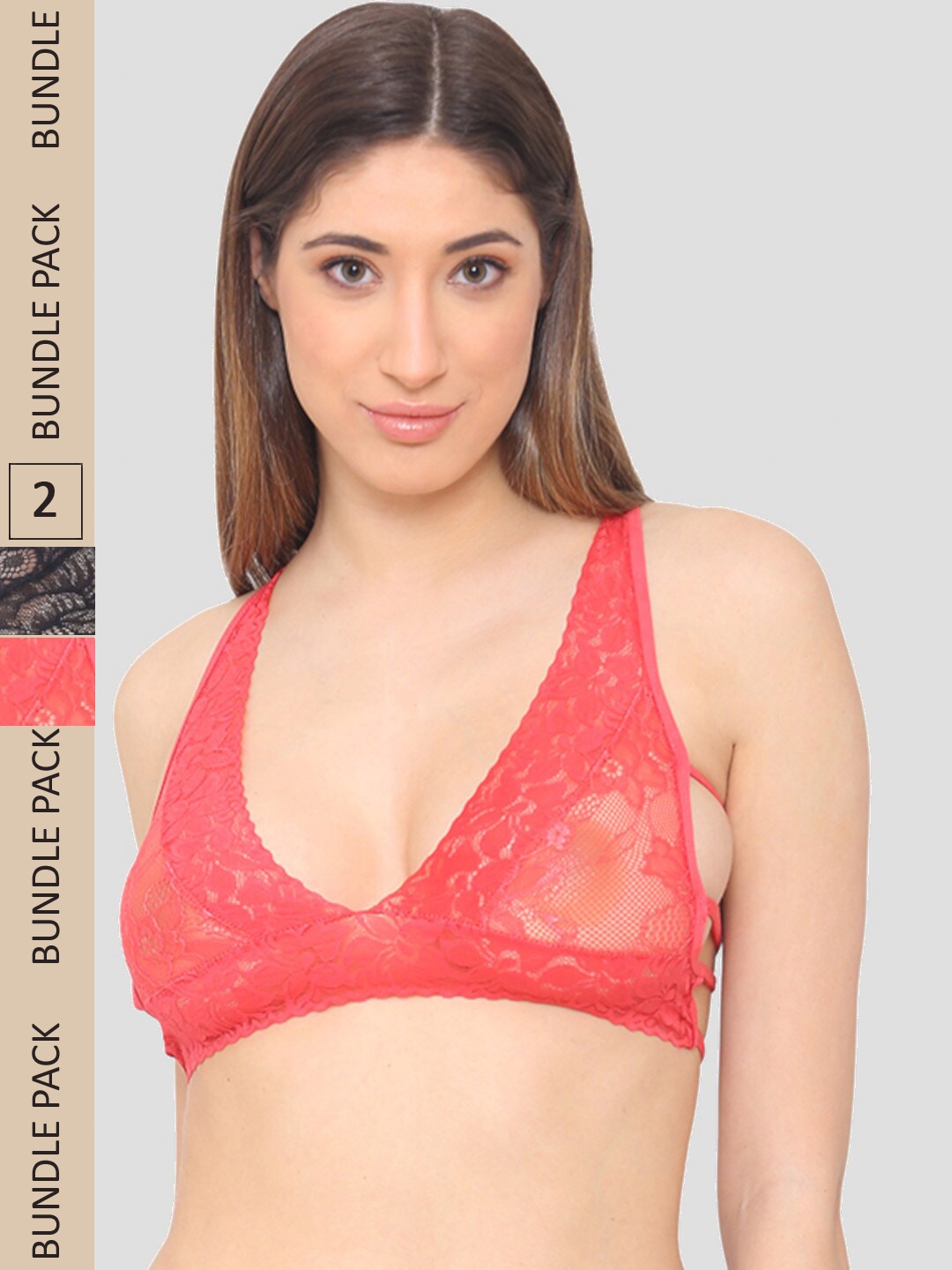 

N-Gal Pack of 2 Floral Bralette Bra, Black