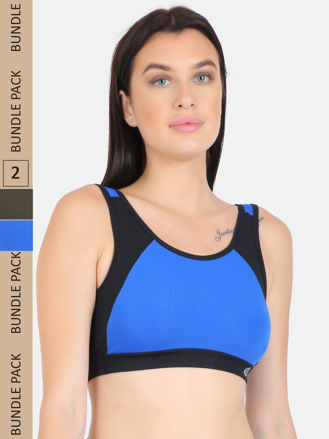 

N-Gal Pack Of 2 Colourblocked Dry-Fit Sports Bra, Olive