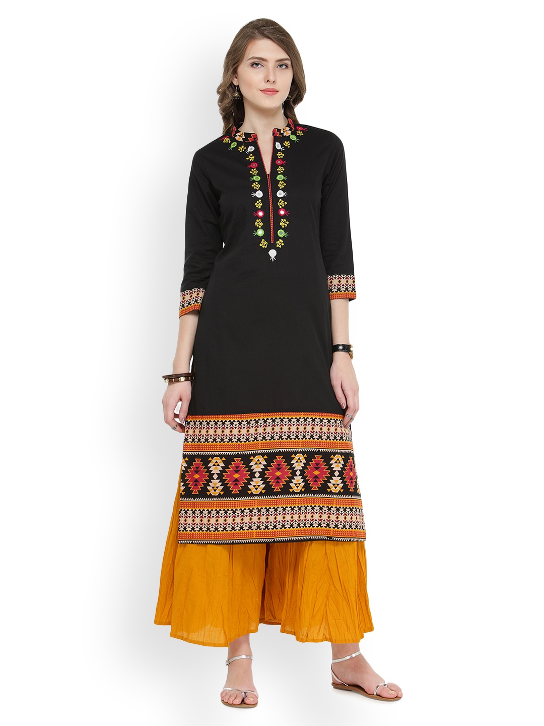 

Varanga Women Black & Mustard Yellow Embroidered Kurta with Trousers