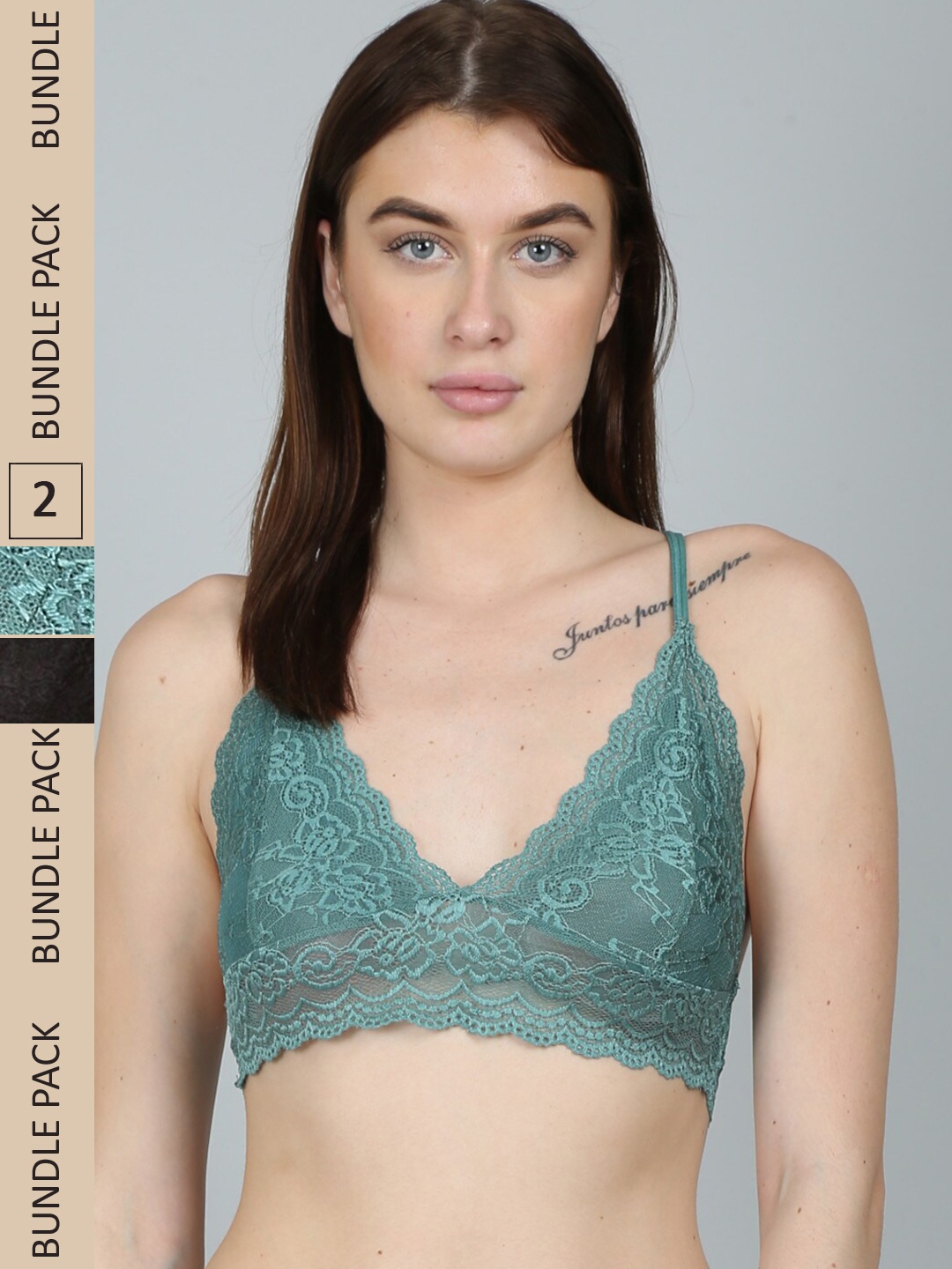 

N-Gal Pack Of 2 Floral Lace Non-Padded Anti-Odour Bralette Bra, Black