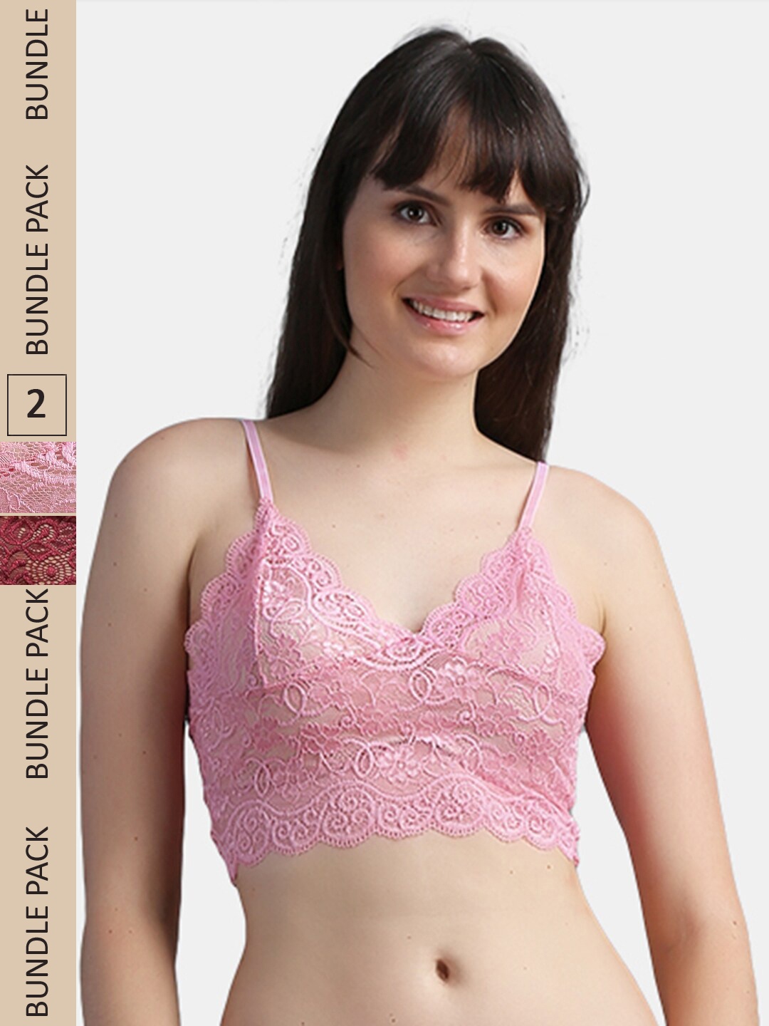 

N-Gal Pack Of 2 Floral Lace Anti-Odour Non-Padded Bralette Bra NLBR18-Pink-Maroon