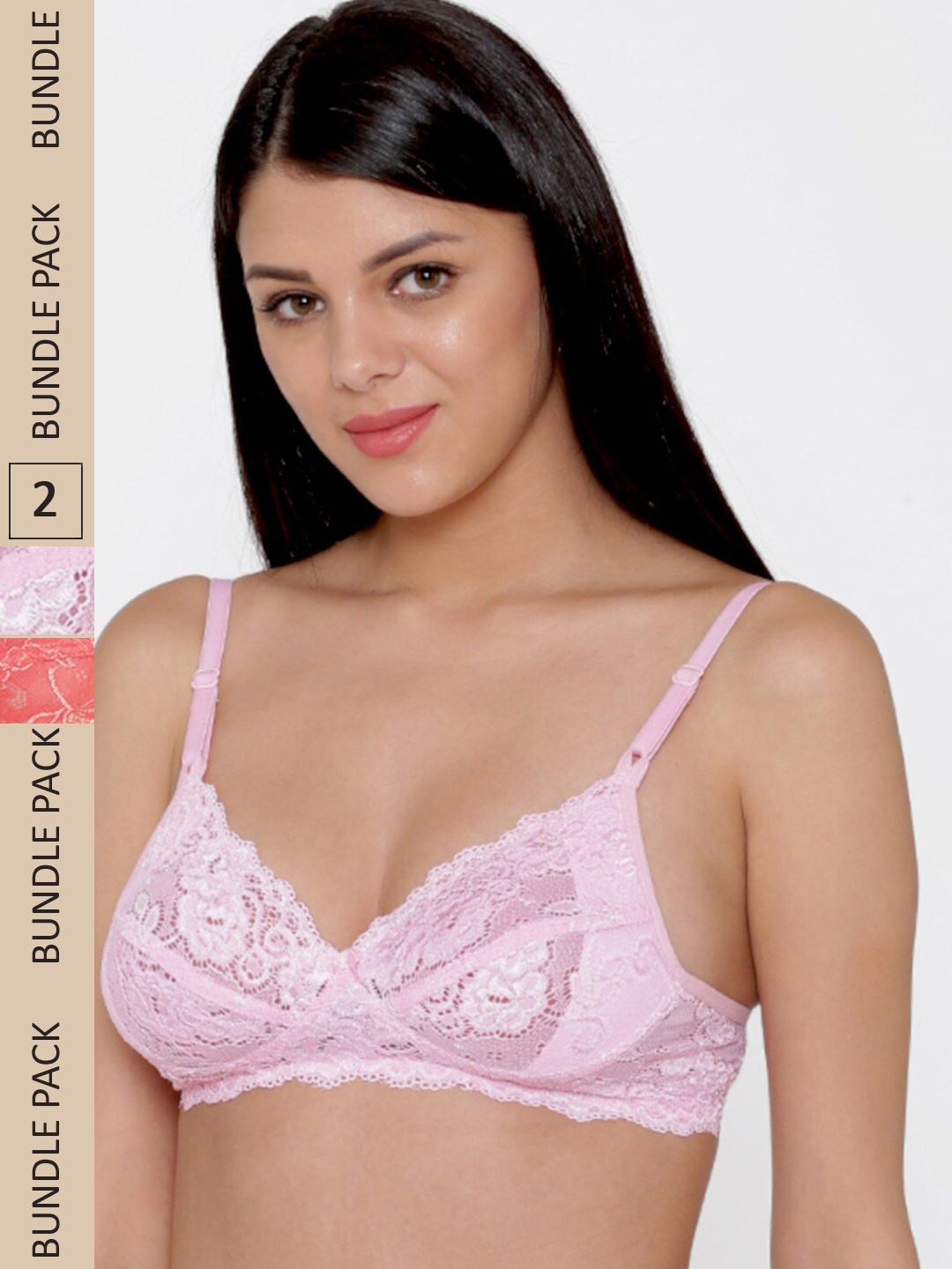 

N-Gal Pack Of 2 Floral Lace Non-Padded Anti-Odour Wirefree Bra NTBR03-LightPink-Coral, Pink