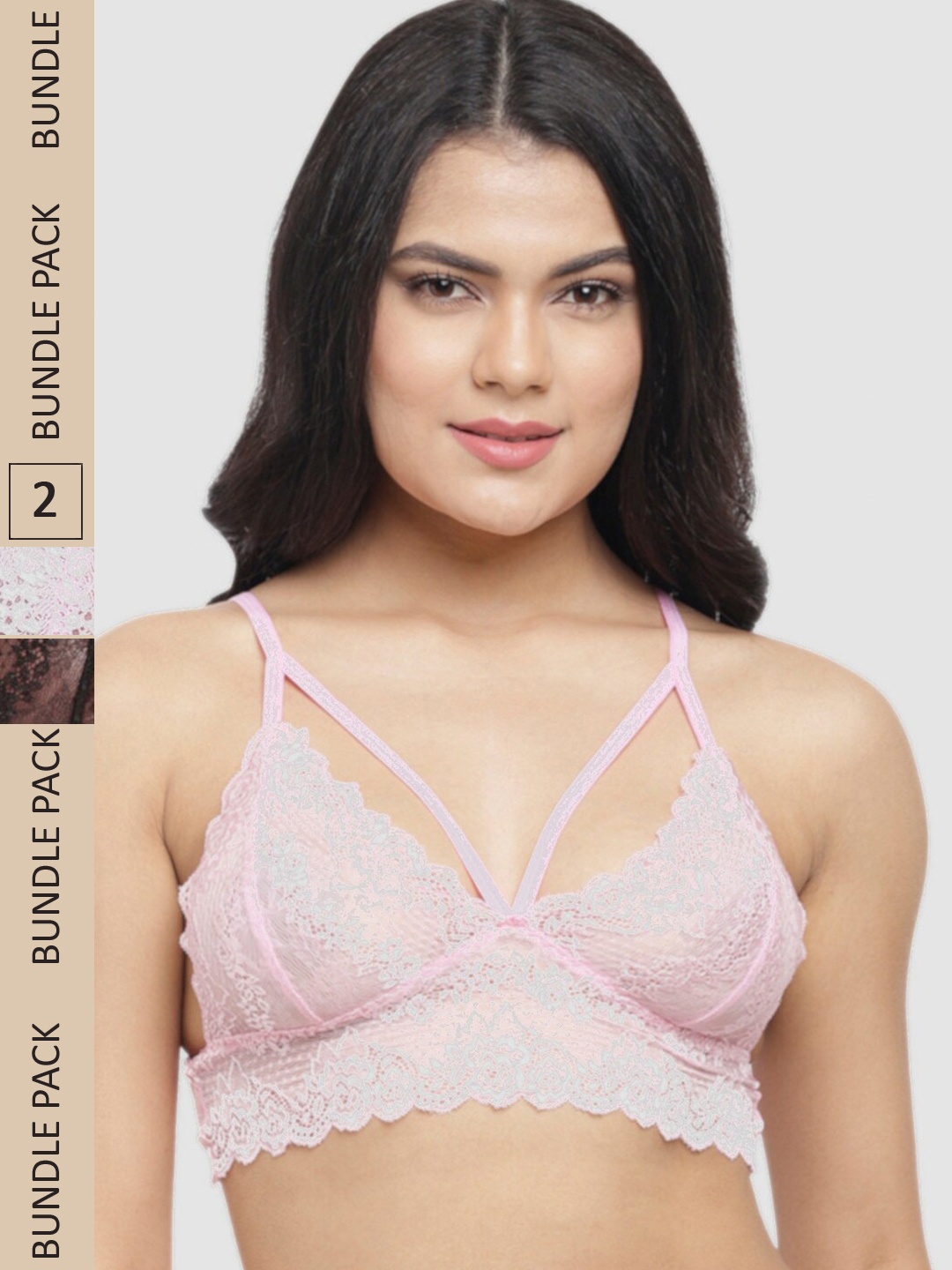

N-Gal Pack Of 2 Floral Lace Non-Padded Anti-Odour Bralette Bra NRBR15-Black-Pink