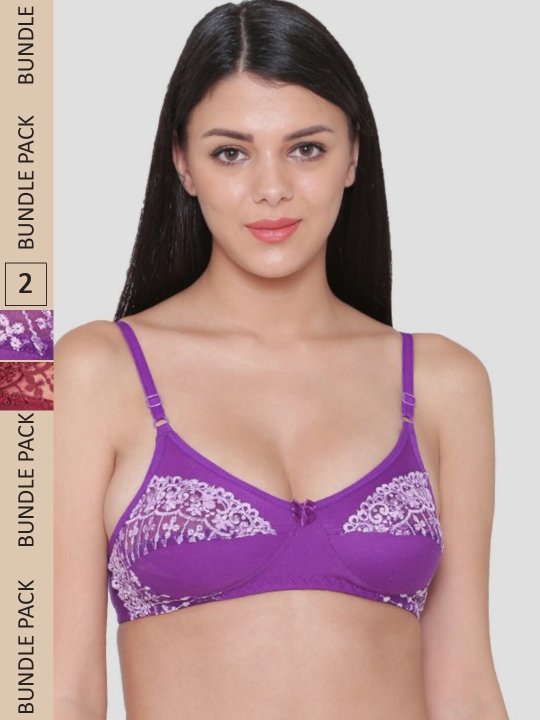 

N-Gal Pack Of 2 Floral Lace Non-Padded Anti-Odour Bra NTBR05-Maroon-Purple