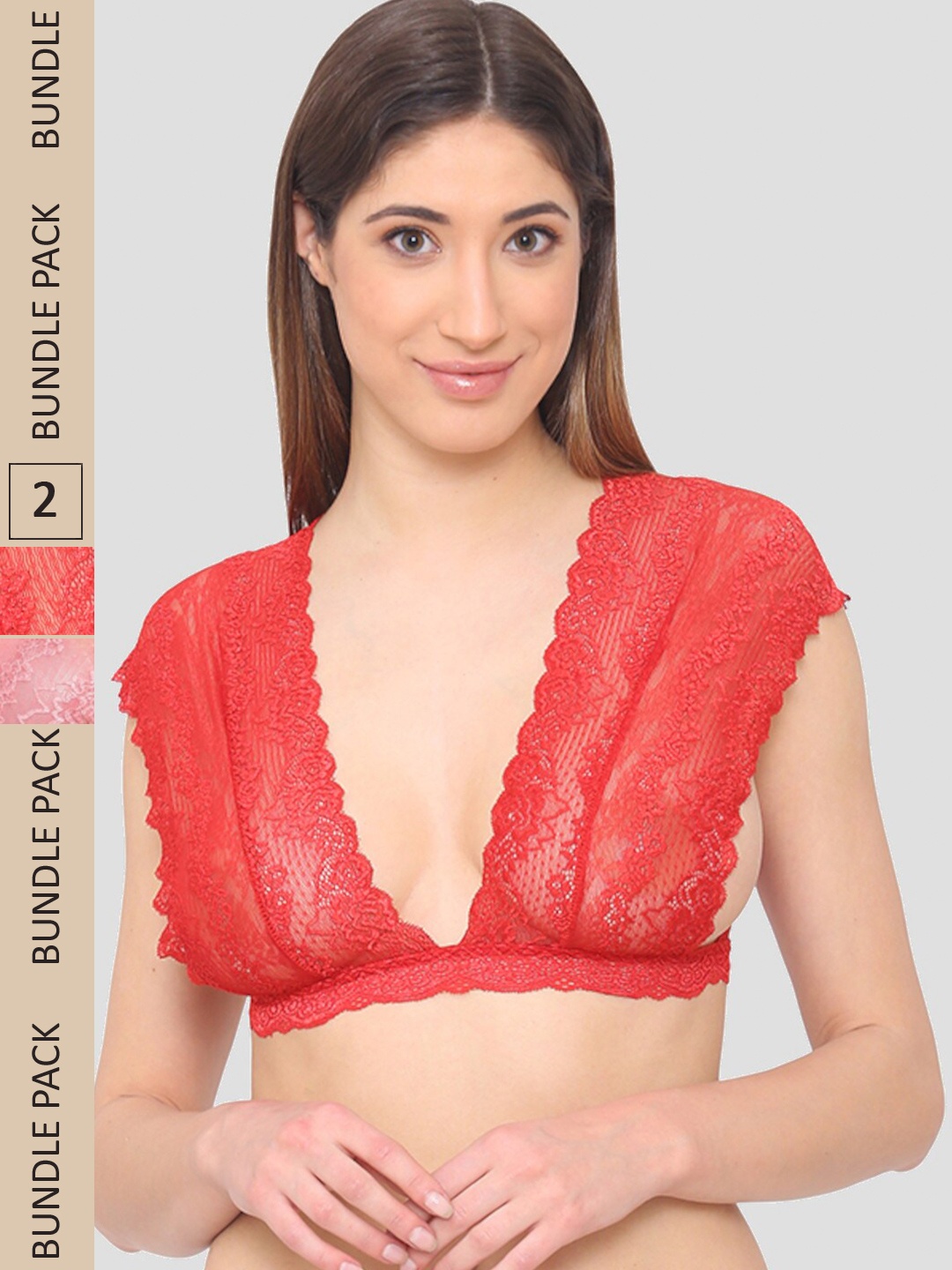 

N-Gal Pack Of 2 Floral Lace Non-Padded Anti-Odour Bralette Bra NRBR05-Red-Pink