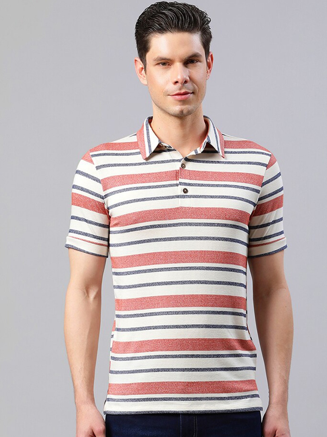 

HOUSE OF S Men Striped Polo Collar Cotton T-shirt, White