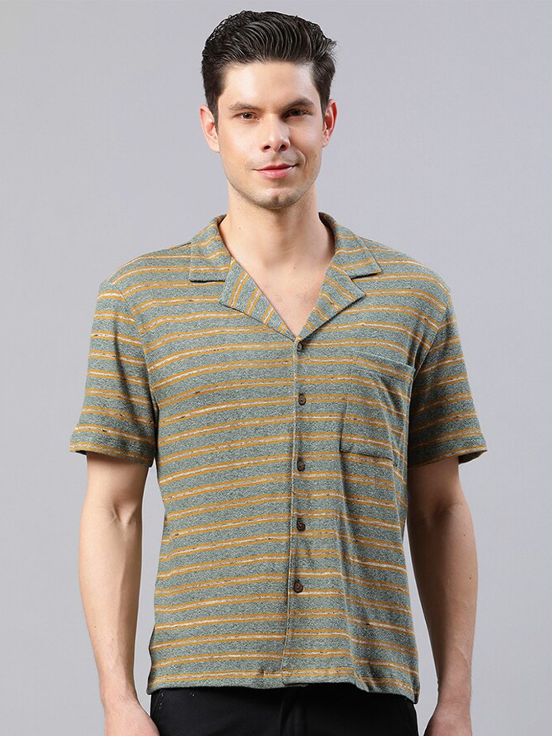

HOUSE OF S Men Striped Casual Cotton Shirt, Green
