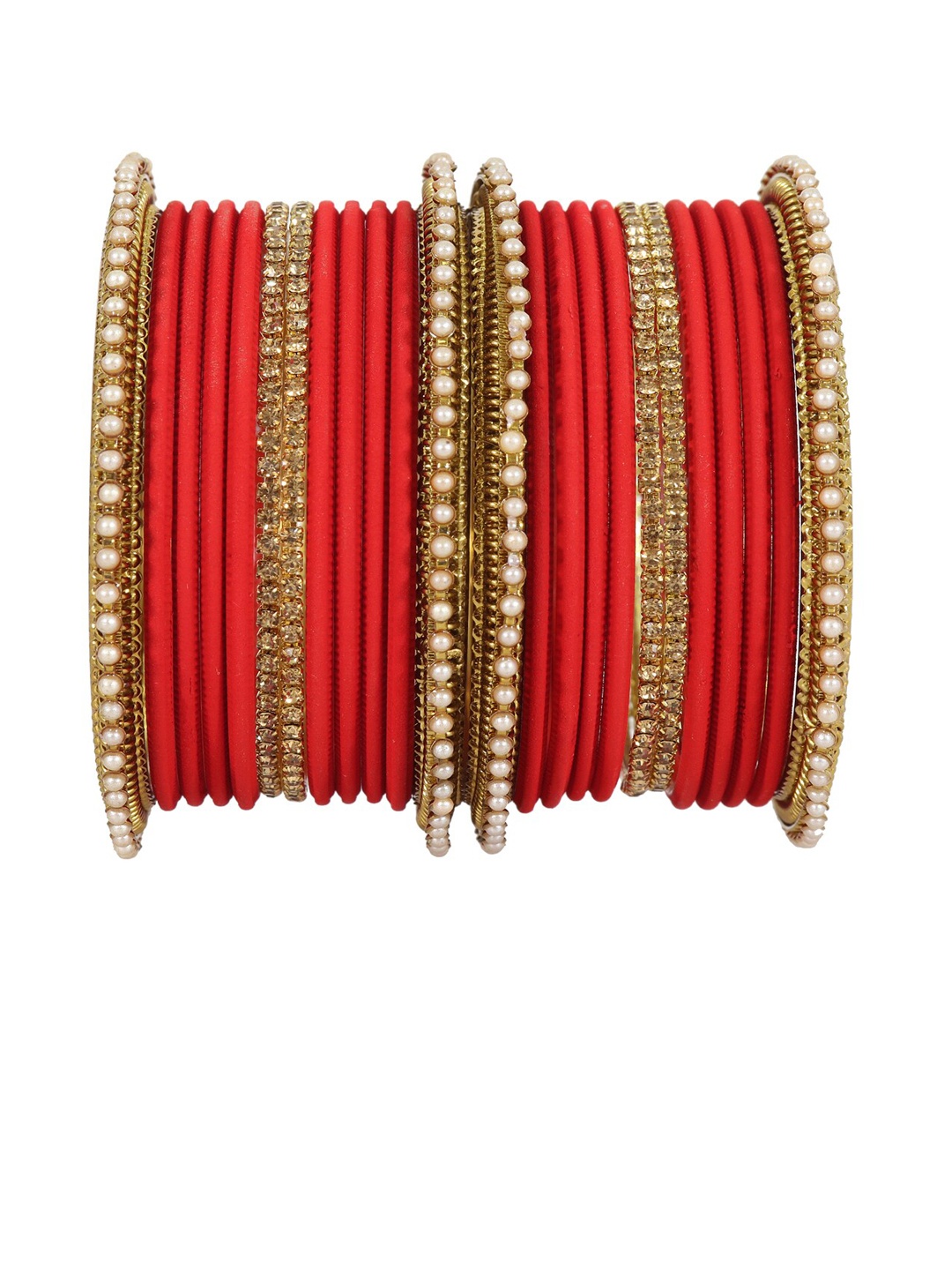 

NMII 24 Pieces Pearl-Studded & Beaded Meenakari Bangles, Red