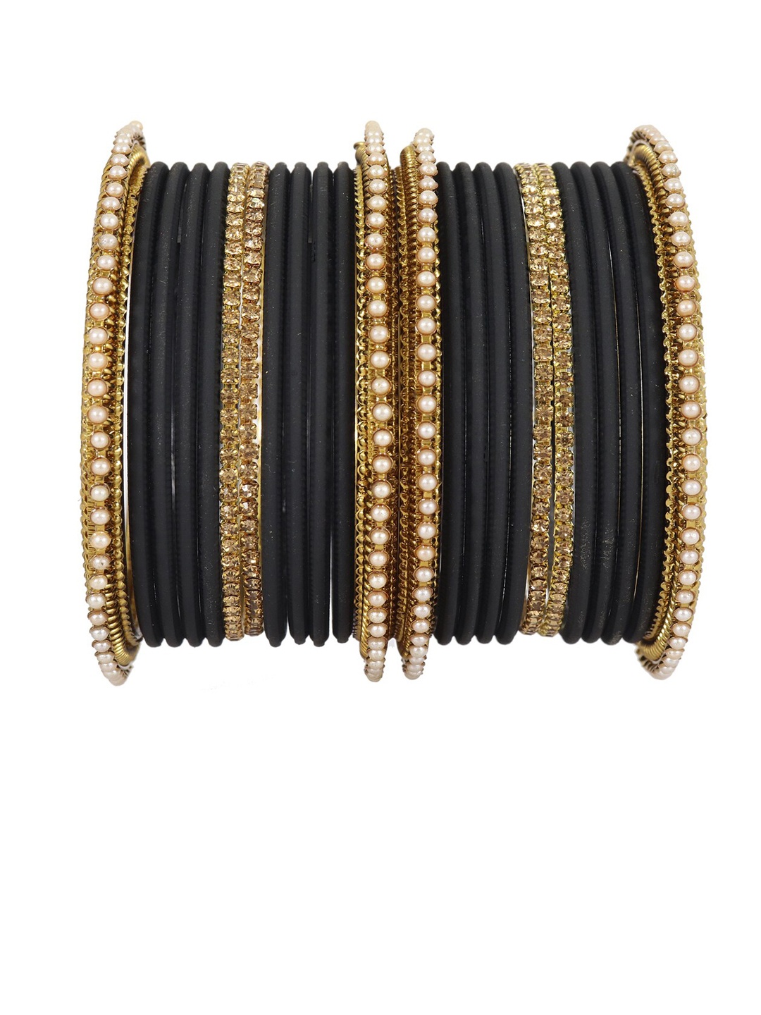 

NMII 26 Pcs Pearl-Studded & Beaded Meenakari Bangles, Gold