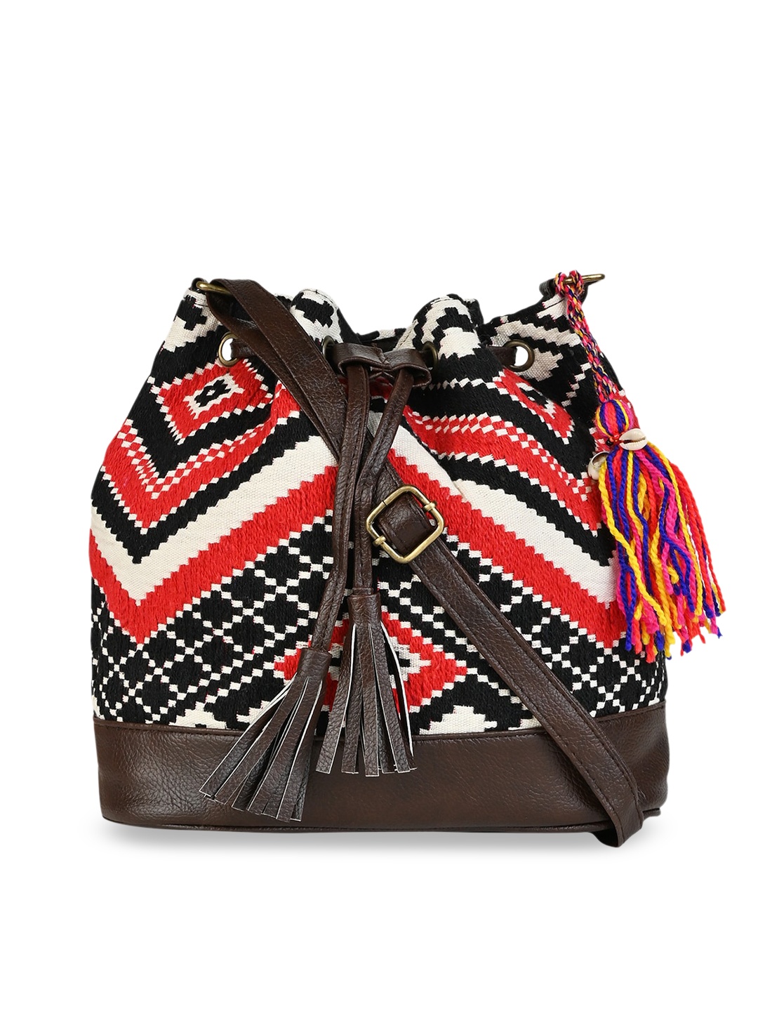 

Vivinkaa Geometric Printed PU Oversized Bucket Shoulder Bag with Tasselled, Black