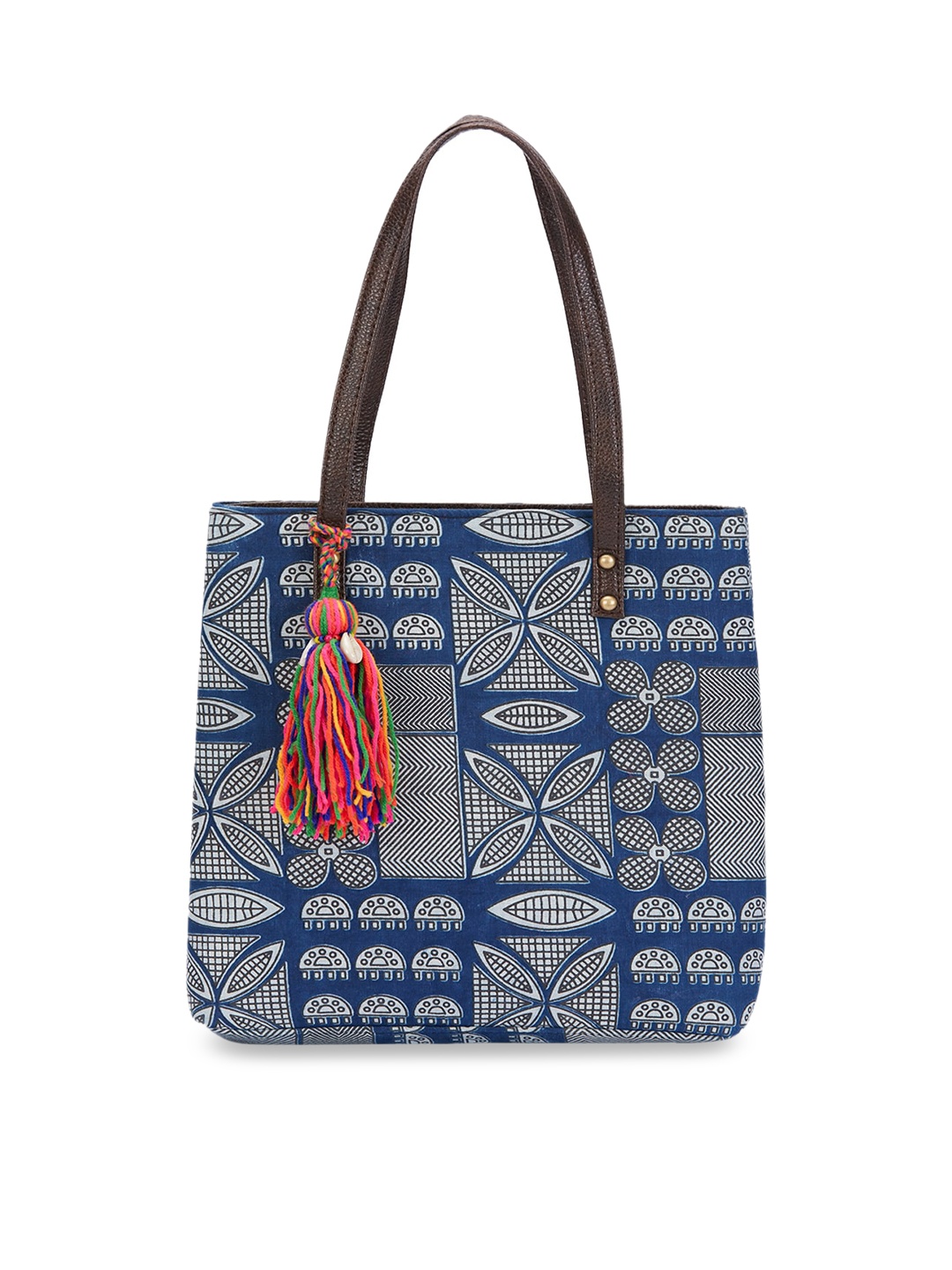 

Vivinkaa Printed PU Structured Handheld Bag with Tasselled, Blue
