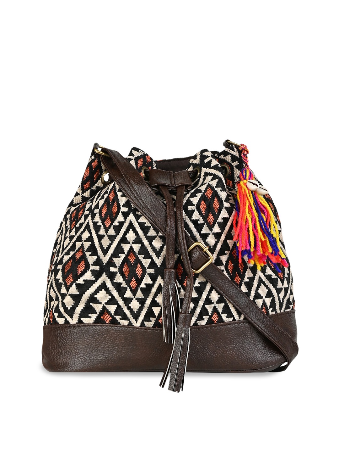 

Vivinkaa Women Geometric PU Bucket Sling Bag with Tasselled, Brown